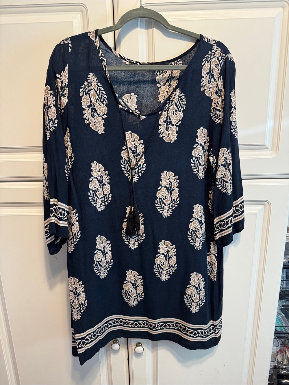 Zanzea Navy and Cream Floral V-Neck Dress with Tassel Tie